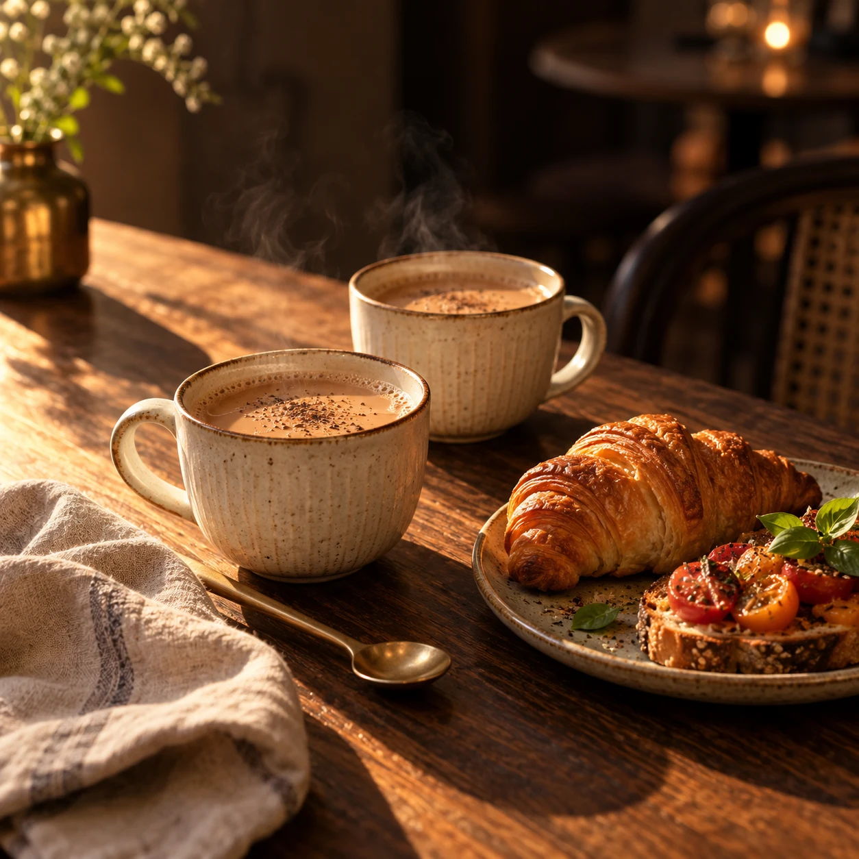 Illustrative café still life of warm chai and a savoury bite