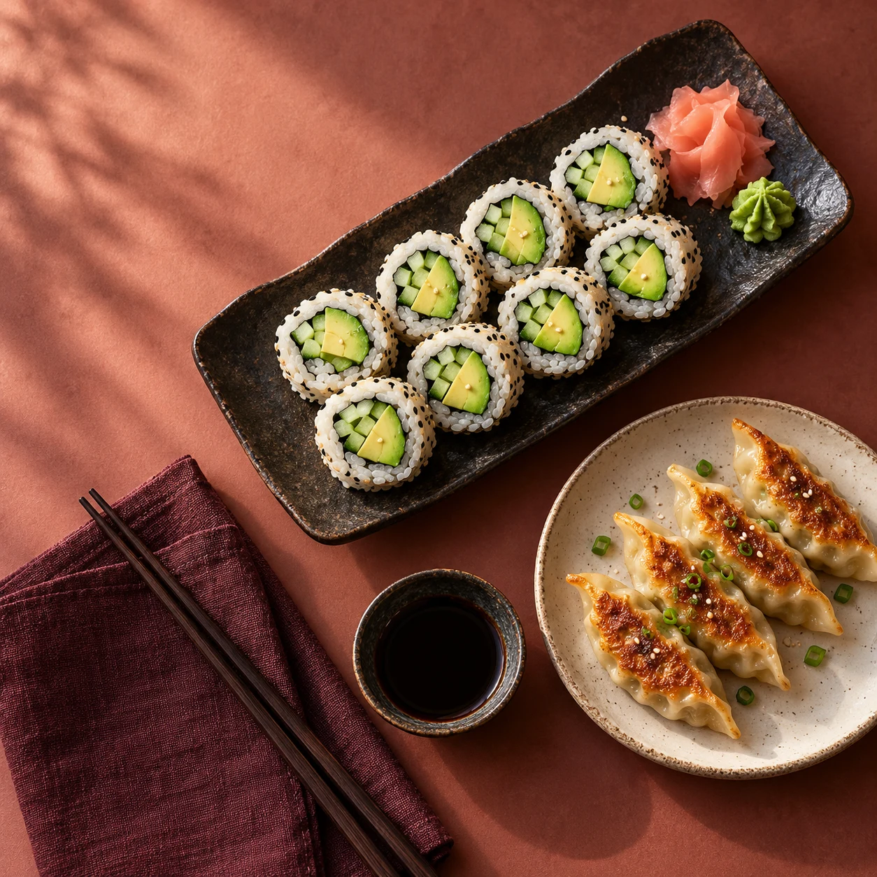 Illustrative Pan-Asian still life with sushi and dumplings